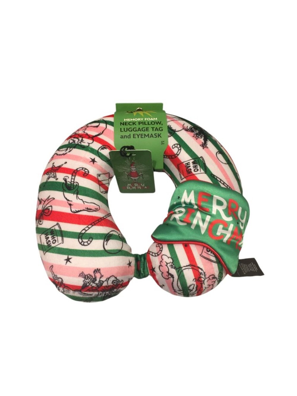 Dr. Seuss The Grinch Memory Foam Travel Neck Pillow Eye Mask Luggage Tag Set